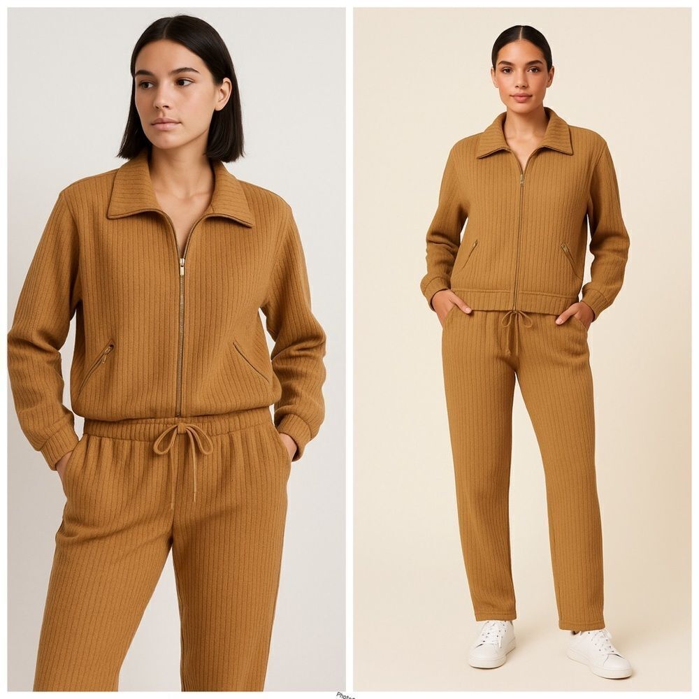 St. John Vintage Tan Brown Jogging Track Suit Set Jacket and Pull on Pants